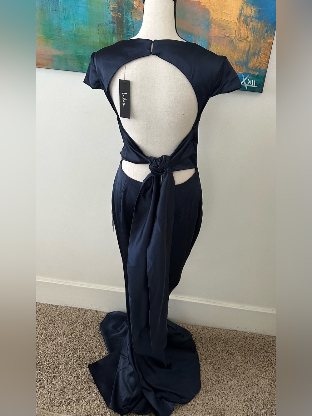 Lulus NWT Celebration Of Romance Navy Satin Back Tie Maxi Dress Gown L - Picture 9 of 15
